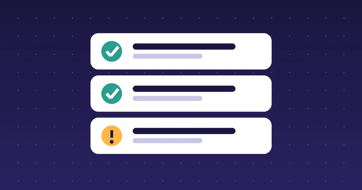 Three checklist cards, two with green check marks and one with an amber warning