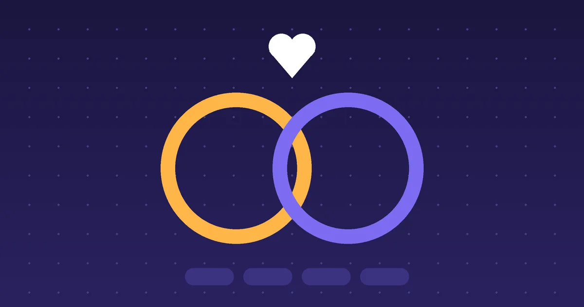 Two interlocking rings, amber and violet, under a small white heart