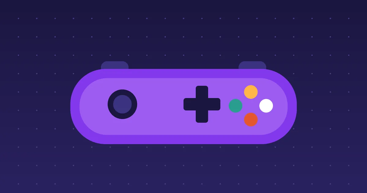 A purple game controller with colored buttons on a deep indigo background