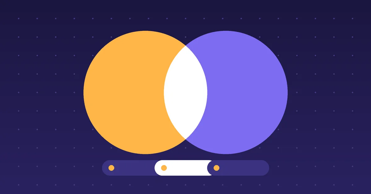 Two overlapping circles, amber and violet, blending into a white shape above a row of result tiles